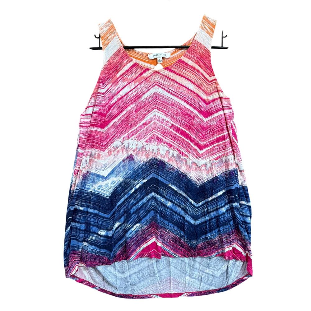 Rose + Olive Womens Blouse Rainbow Sleeveless Tank Top Key Hole Fanny Stretch S